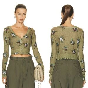 R13 Olive Green Floral Cropped Cardigan with Pink and Cream Blooms